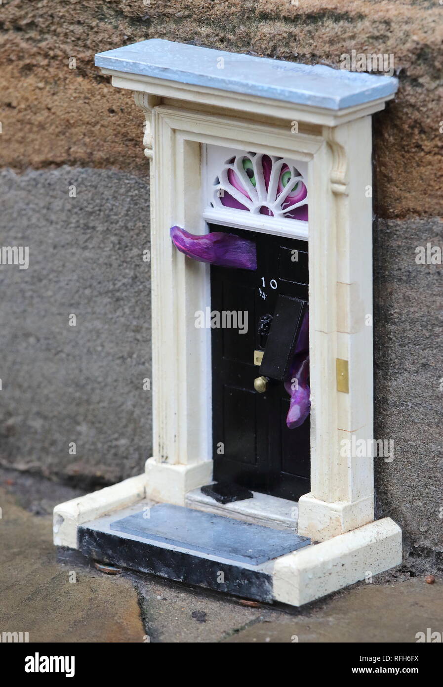 Cambridge, UK. 25th Jan, 2019. A tiny copy of the famous front door to the British Prime Minister's residence, No 10 Downing Street, London seen in Downing Street, CAMBRIDGE. Mystery Street artists going by the pseudonym of 'Dinky Doors' are responsible for the installation, which is the latest in an ongoing project. To date there are 'dinky doors' at the Reality Checker on Parker's Piece and the Teleport-O-Matic machine between red phone boxes by the Great St Mary's church in the city. Credit: SOPA Images Limited/Alamy Live News Stock Photo
