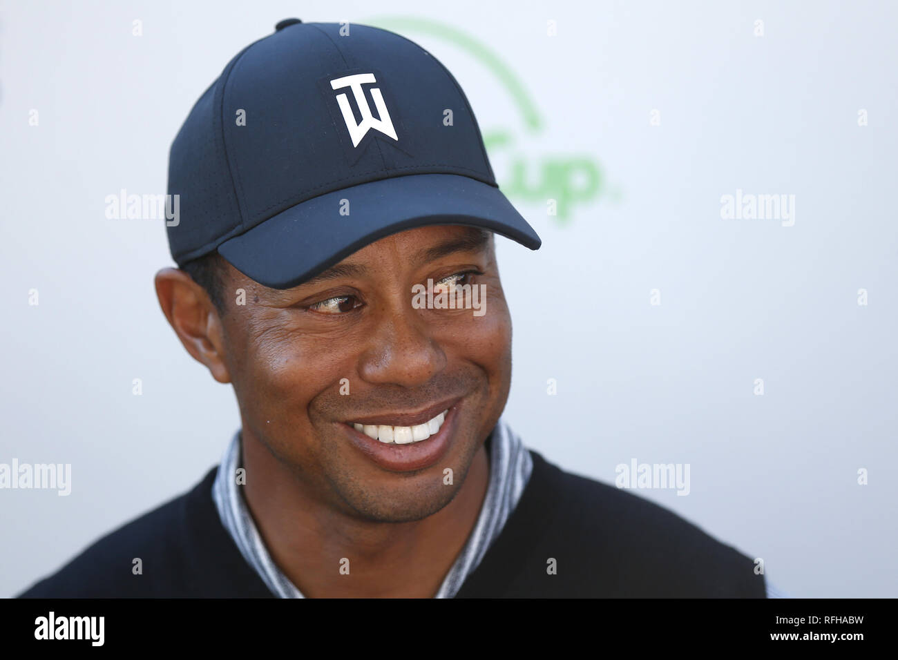 San Diego, California, USA. 25th Jan, 2019. Tiger Woods speaks to the media after playing the second round of the Farmers Insurance Open at the Torrey Pines Golf Course. Credit: KC Alfred/ZUMA Wire/Alamy Live News Stock Photo