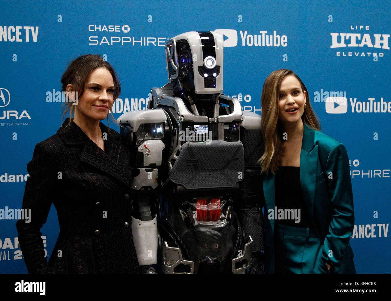 Park City, UT, USA. 25th Jan, 2019. Hilary Swank, "Mother" the robot, Carla  Rugaard at arrivals for I AM MOTHER Premiere at Sundance Film Festival 2019,  George S. and Dolores Eccles Center