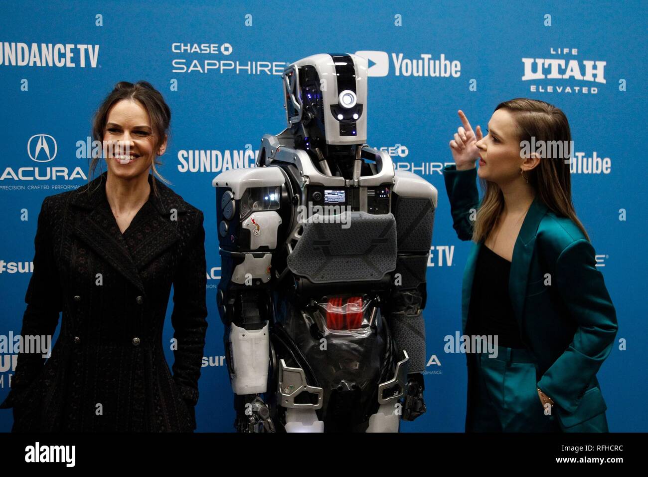 Park City, UT, USA. 25th Jan, 2019. Hilary Swank, "Mother" the robot, Carla  Rugaard at arrivals for I AM MOTHER Premiere at Sundance Film Festival  2019, George S. and Dolores Eccles Center