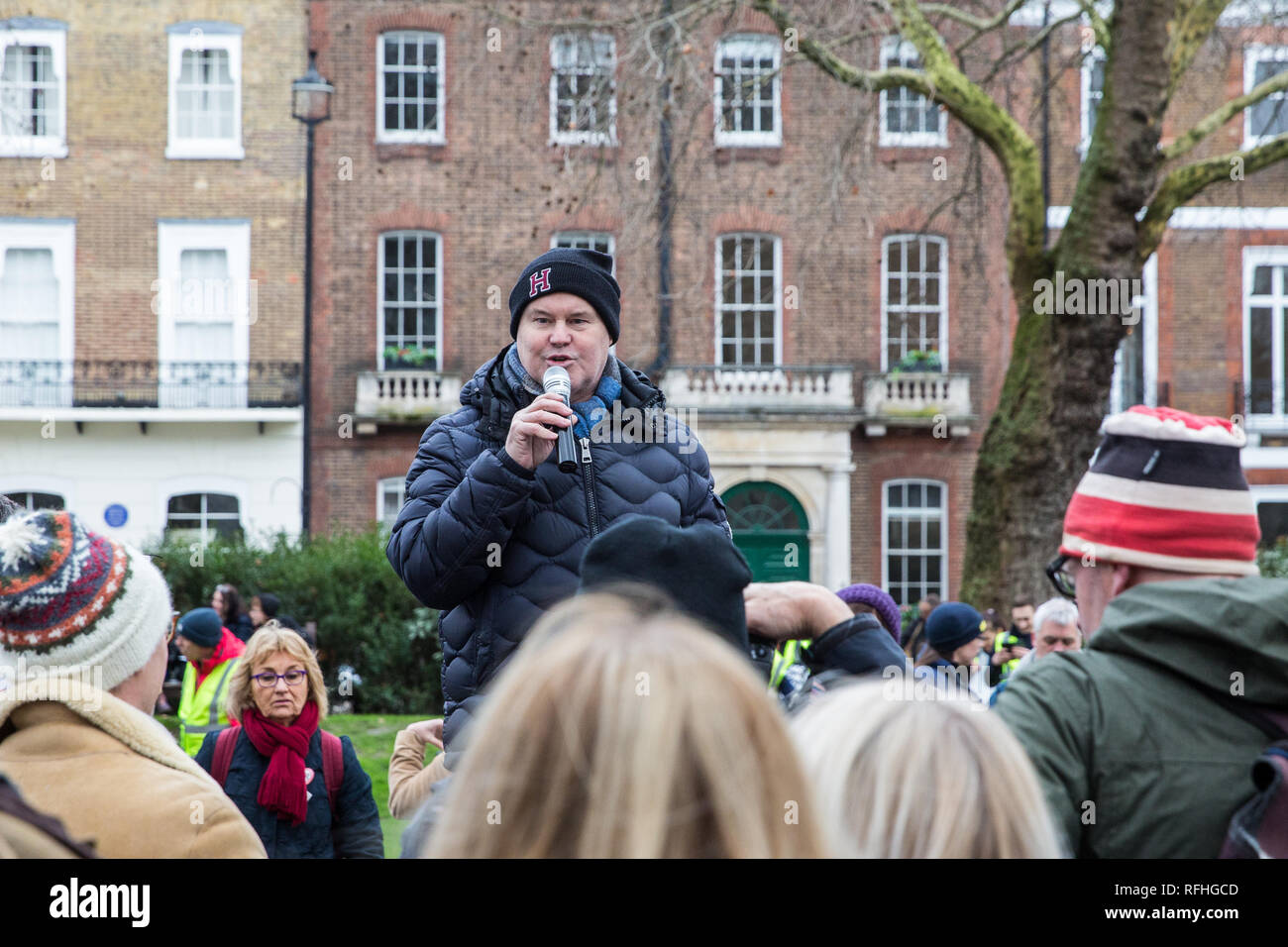 London, UK. 26th January, 2019. Peter Hall, founder of the London Committee for the Abolition of Whaling, addresses animal rights campaigners preparing to take part in the Japan: No Whaling march from Cavendish Square to the Japanese embassy following Japan's announcement that it withdraw from the International Whaling Commission (IWC) and resume commercial whaling with effect from July 2019. The march was organised by the London Committee for the Abolition of Whaling. Credit: Mark Kerrison/Alamy Live News Stock Photo