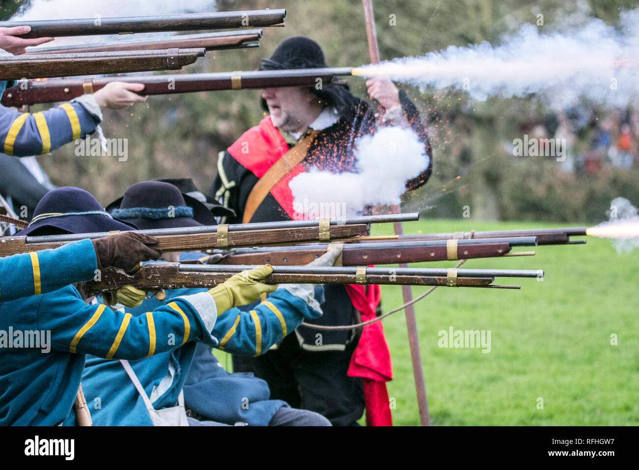 The Battle of Nantwich was fought during the First English Civil War, between the Parliamentarians and Royalists, northwest of the town of Nantwich in Cheshire on 25 January 1644. The Royalists under Lord Byron were besieging Nantwich, and Sir Thomas Fairfax led an army to relieve the town. As Fairfax approached, a sudden thaw caused the River Weaver to rise in spate, dividing Byron's cavalry from his infantry and artillery, who were overrun and destroyed by Fairfax. Stock Photo