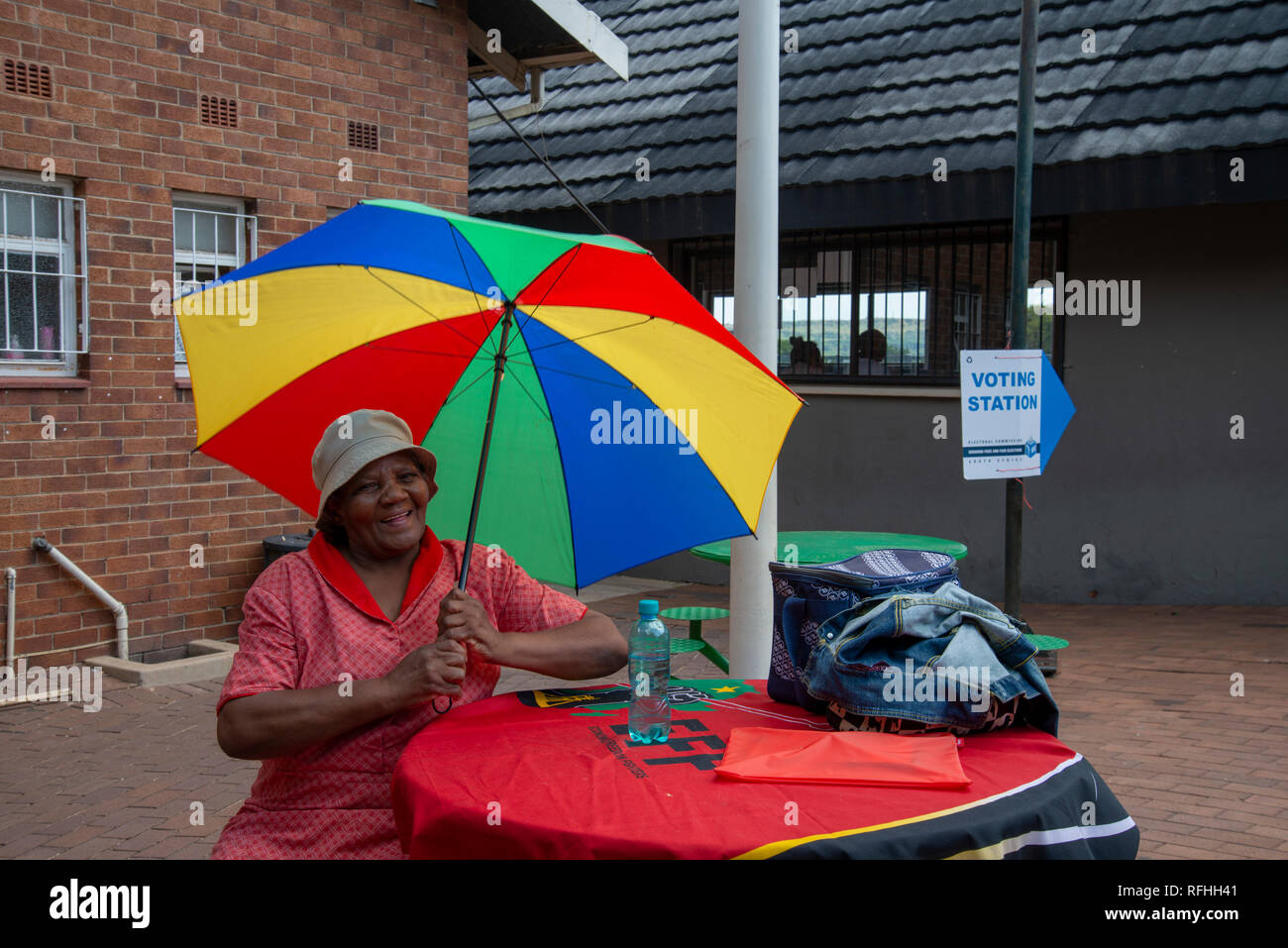 EFF party representative Jeannette Ntuane, 70, volunteers at a voter registration site in Linden, Johannesburg, Saturday afternoon. It's the final weekend to register to vote in South Africa's 2019 general elections. 'I think I have lost hope with the other parties. That's why I'm trying EFF. Maybe it will bring change,' said the retired domestic worker. Ntuane said she is tired of corruption. 'The civil servants are getting so much money and they are still stealing from the government. When you work (as a domestic), you get so little.' Credit: Eva-Lotta Jansson/Alamy Live News Stock Photo
