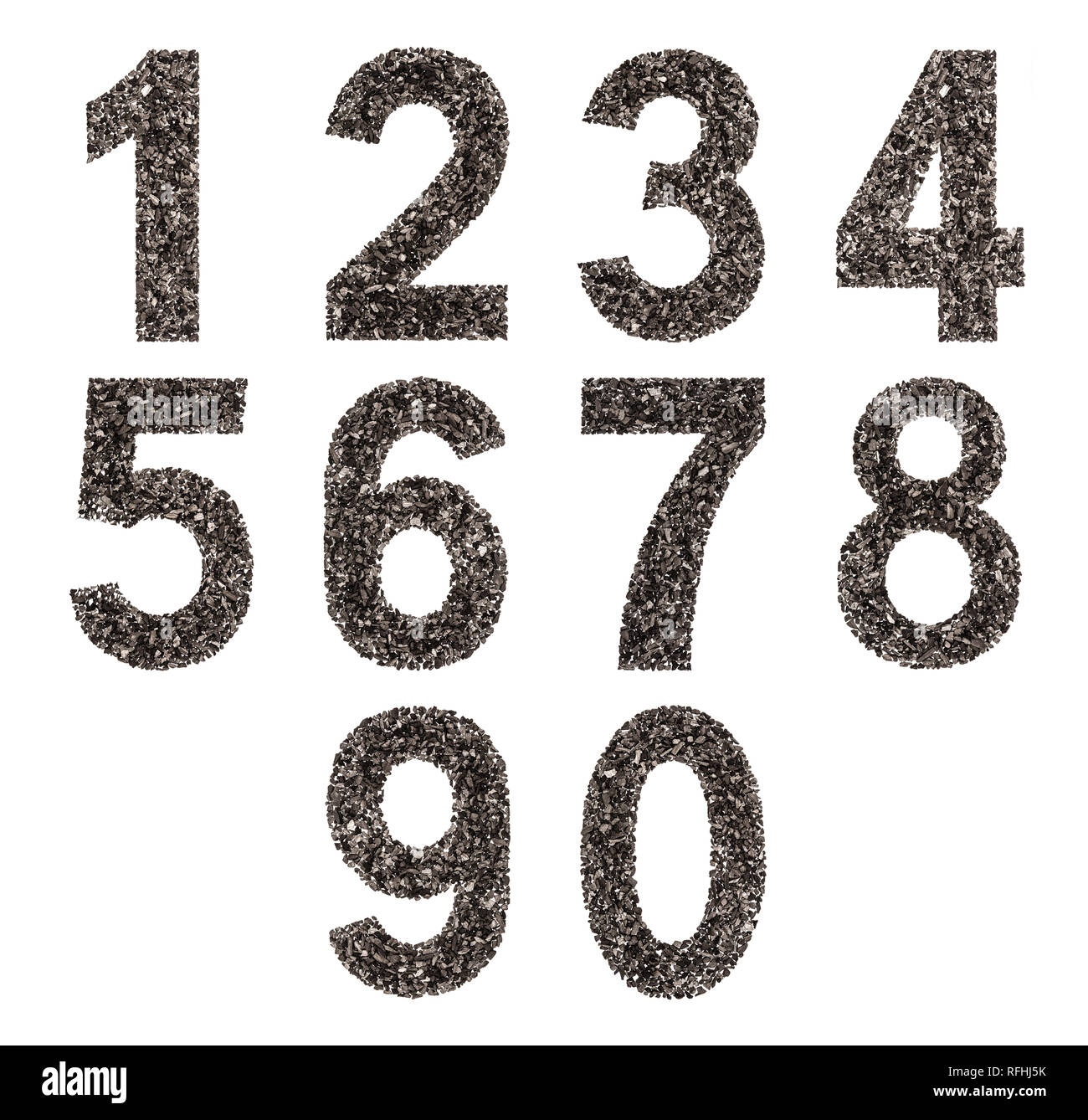 Set of arabic numbers, natural charcoal, isolated on white background
