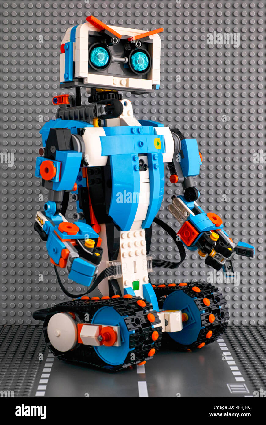 Tambov, Russian Federation - July 27, 2018 Lego BOOST robot standing on the  road baseplate against gray baseplate background Stock Photo - Alamy