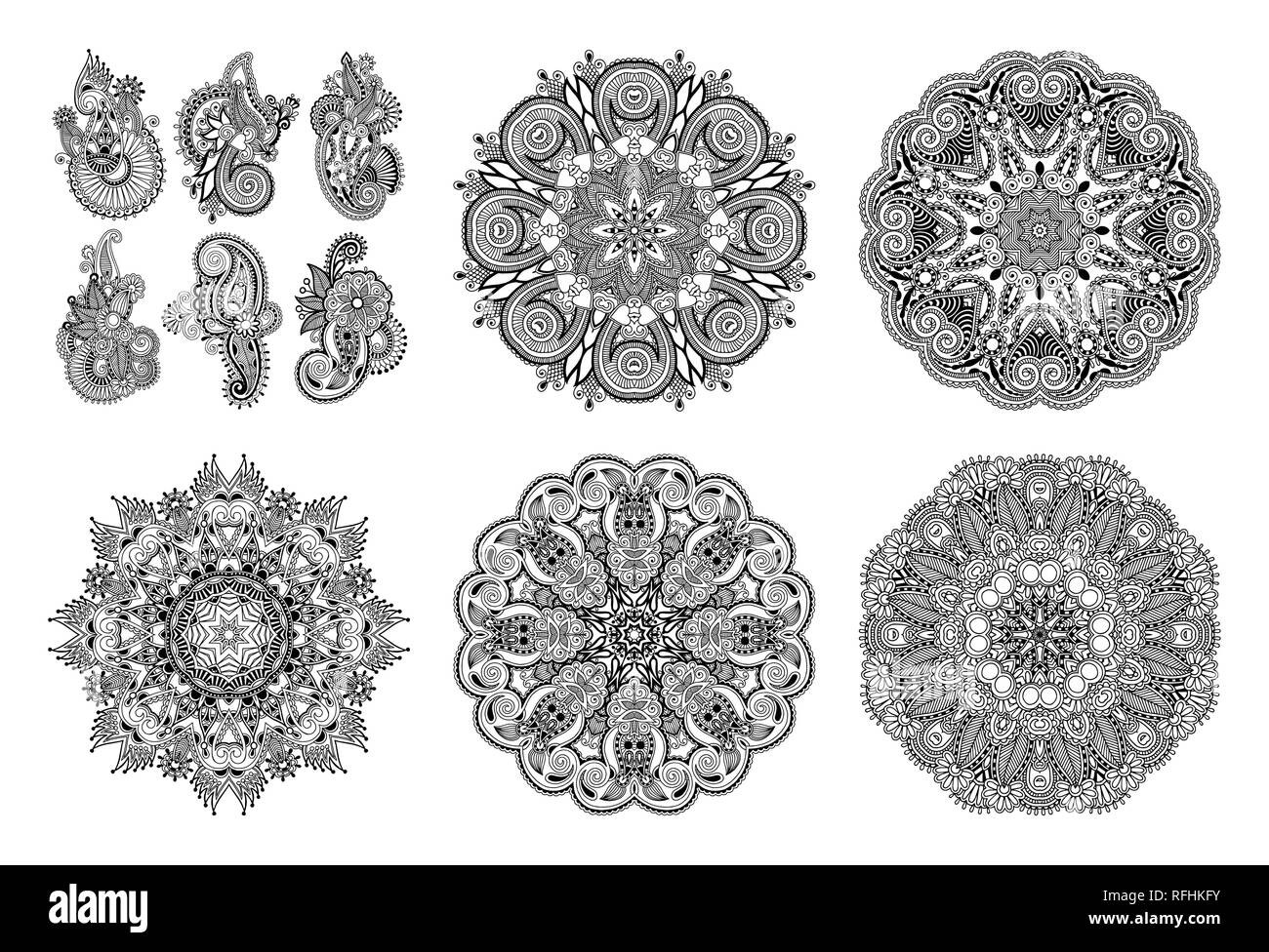 set of circle lace ornament, round ornamental geometric doily pattern in indian kalamkari style Stock Vector