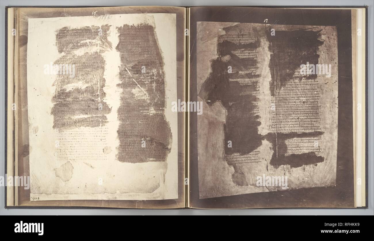 Photographic Facsimiles of the Remains of the Epistles of Clement of Rome.  Made from the Unique Copy Preserved in the Codex Alexandrinus. Artist: Roger Fenton (British, 1819-1869). Author: Frederic Madden (British, 1801-1873). Dimensions: Images: 34.3 x 29.8 cm (13 1/2 x 11 3/4 in.). Date: 1856.  In 1853 Fenton was hired as the first official 'Photographer to the British Museum.' Eager, in his own words, 'to be connected with so useful an application of the photographic art,' he made thousands of photographs that helped the museum catalogue, classify, and publicize its growing collection.   T Stock Photo