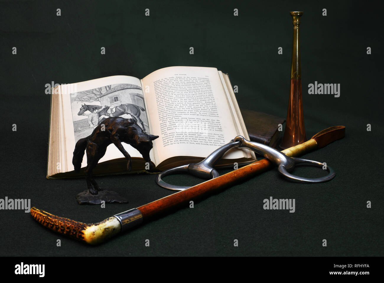 Equestrian Hunting Still Life. Showing hunting horn, Victorian riding