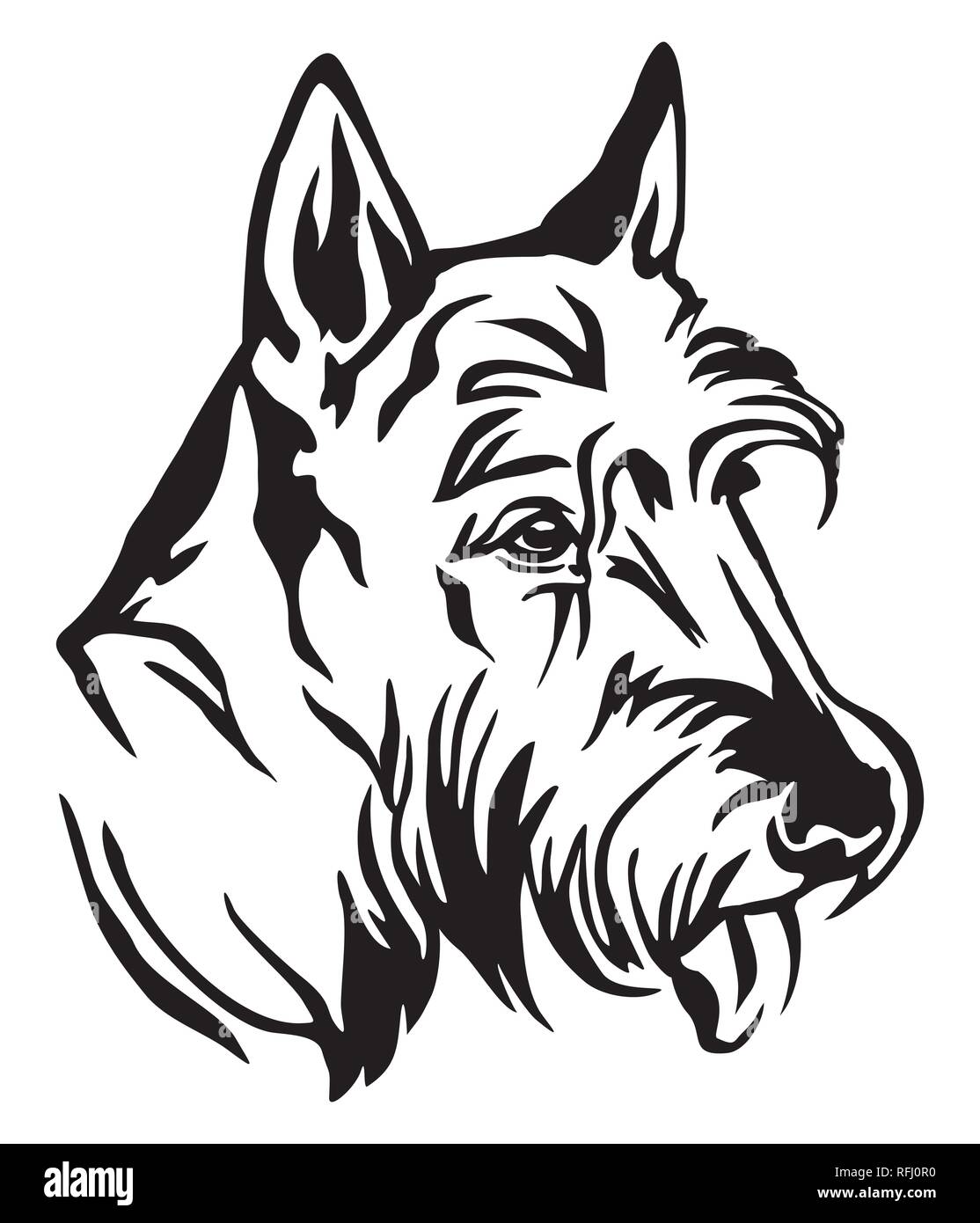Decorative outline portrait of Dog Scottish Terrier in profile, vector illustration in black color isolated on white background. Image for design and  Stock Vector