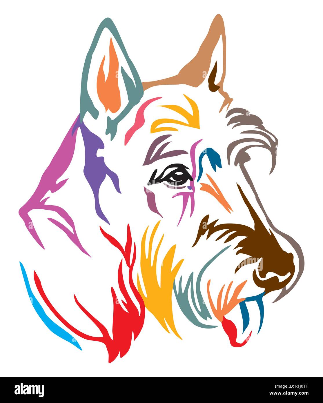 Colorful decorative outline portrait of Dog Scottish Terrier looking in profile, vector illustration in different colors isolated on white background. Stock Vector