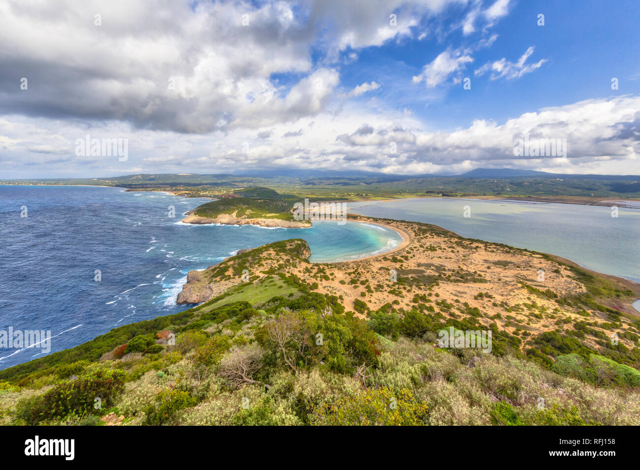 Panoramic aerial view of voidokilia beach, one of the most beautiful beaches in mediterranean Europe, lagoon of Voidokilia from a high point of view,  Stock Photo