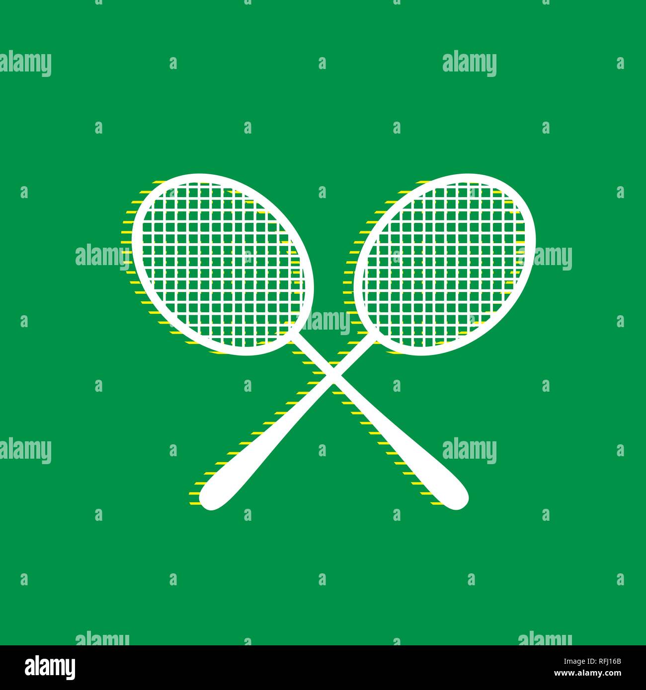 Two tennis racket sign. Vector. White flat icon with yellow striped ...