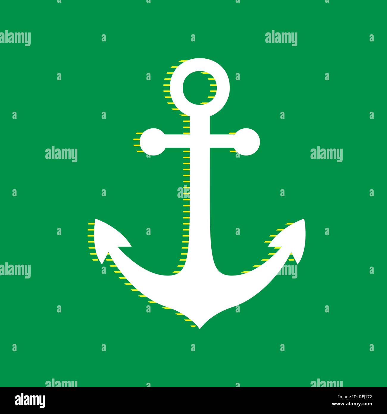 Anchor icon. Vector. White flat icon with yellow striped shadow at green background. Stock Vector