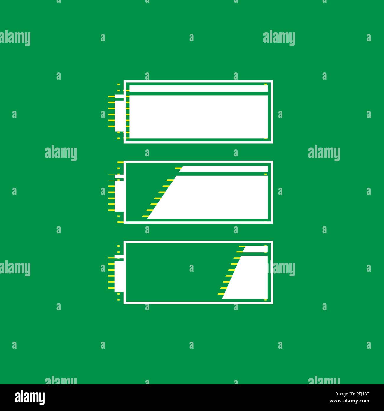 Set of battery charge level indicators. Vector. White flat icon with yellow striped shadow at green background. Stock Vector