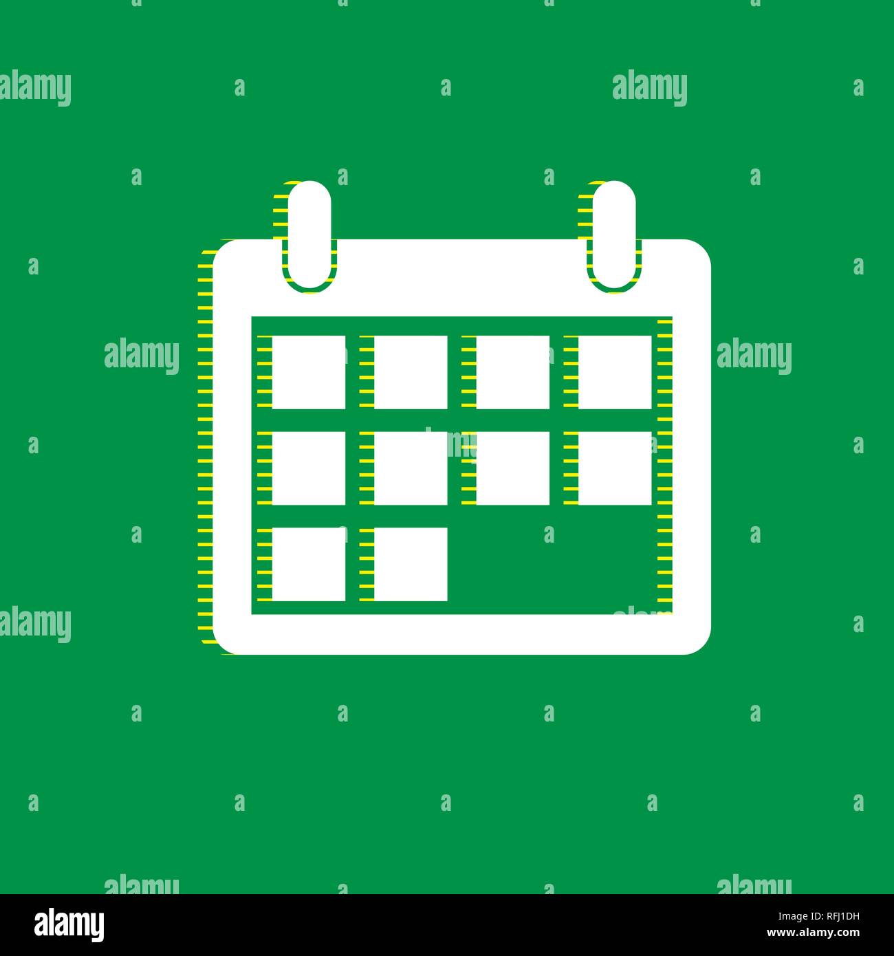 Calendar sign illustration. Vector. White flat icon with yellow striped shadow at green background. Stock Vector