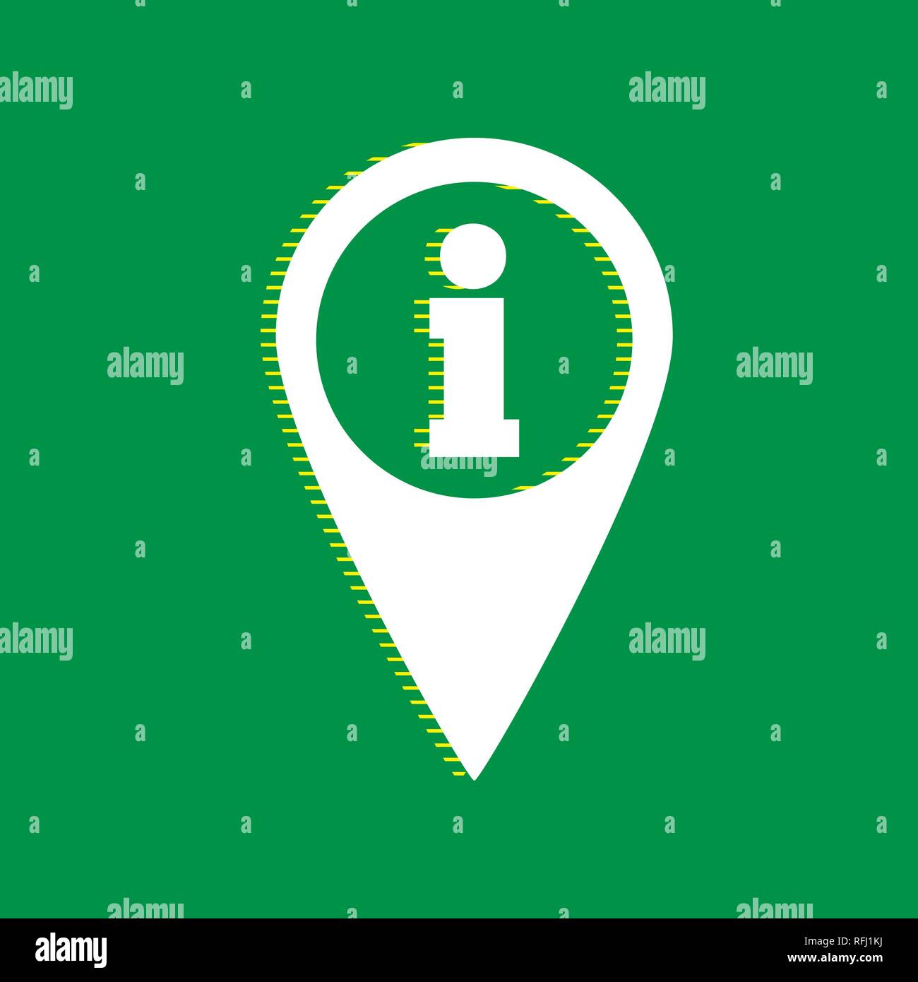 Map pointer with information sign. Vector. White flat icon with yellow striped shadow at green background. Stock Vector