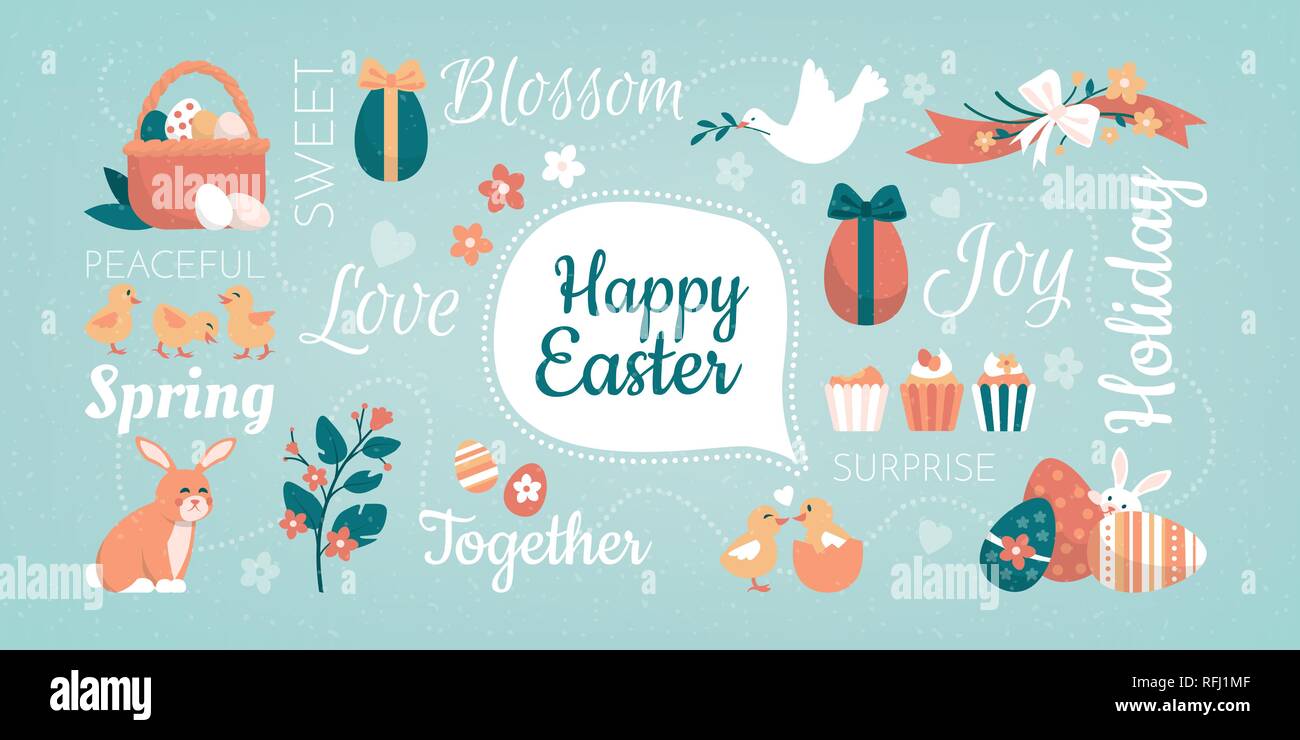 Colorful Easter card with wishes, symbols and words Stock Vector