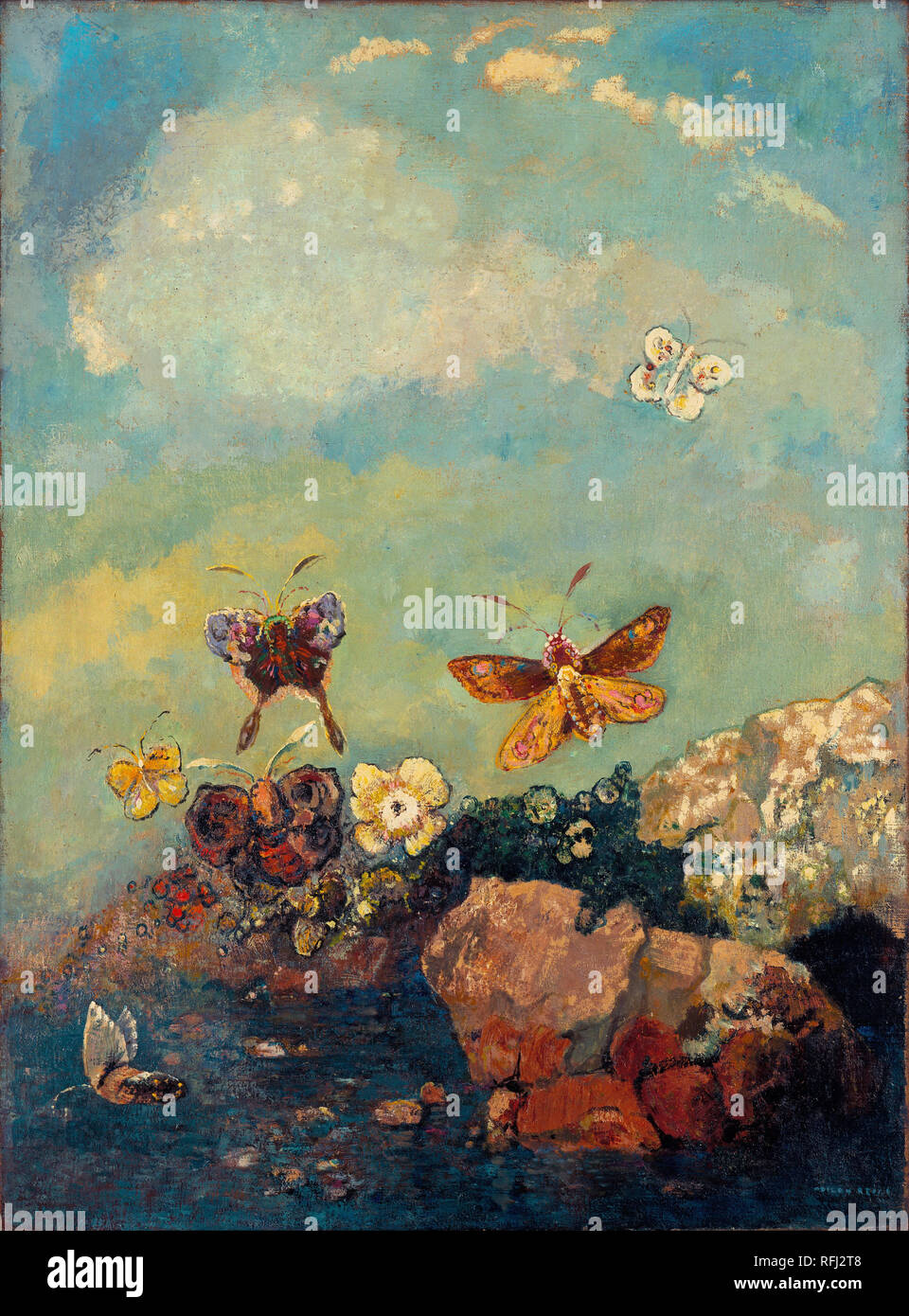 Butterflies. Date/Period: Ca. 1910. Painting. Oil on canvas. Height: 739 mm (29.09 in); Width: 549 mm (21.61 in). Author: Odilon Redon. REDON, ODILON. Stock Photo