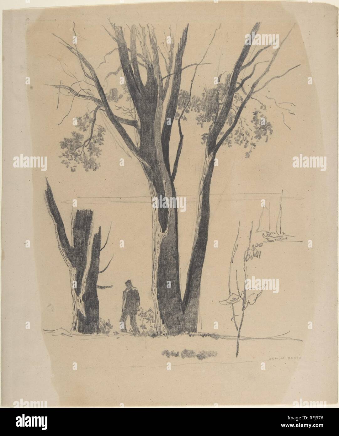 Study of Man between Trees. Artist: Odilon Redon (French, Bordeaux 1840-1916 Paris). Dimensions: 9 3/4 x 7 1/2 in. (24.8 x 19.1 cm). Date: 1860-1880.  This spare portrayal of a V-shaped tree finds formal echoes across the composition, from the stump at left to the spindly plant in the foreground. The retreating, isolated figure bracketed by the central tree and hollowed-out stump lends an air of melancholy to the drawing. Trees were a constant and significant motif for the Symbolist artist and one especially associated with the region of his childhood, Médoc, in the southwest of France. With t Stock Photo