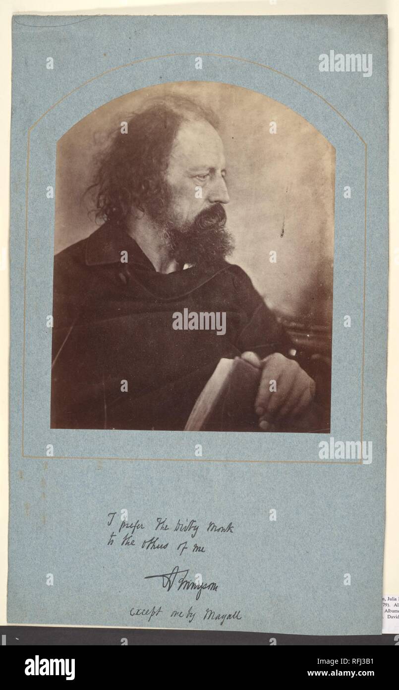Alfred, Lord Tennyson. Artist: Julia Margaret Cameron (British (born India), Calcutta 1815-1879 Kalutara, Ceylon). Dimensions: Image: 22.9 x 18.4 cm (9 x 7 1/4 in.), rounded top  Mount: 40.5 x 24.6 cm (15 15/16 x 9 11/16 in.), irregular. Date: 1865.  A brilliant poet from an early age, Alfred Tennyson (1809-1892) was widely published and admired by 1850, when Queen Victoria named him Poet Laureate to succeed William Wordsworth. 'The Lady of Shalott,' 'Break, Break, Break,' 'In Memoriam A.H.H.,' 'The Charge of the Light Brigade,' and Idylls of the King, a poetic cycle based on the Arthurian leg Stock Photo