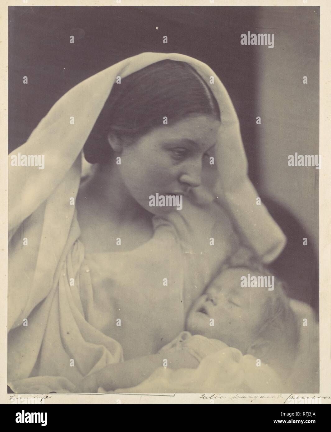 La Madonna Riposata. Artist: Julia Margaret Cameron (British (born India), Calcutta 1815-1879 Kalutara, Ceylon). Date: 1865.  In the first two years of Cameron's photography, religious themes held an important place alongside portraiture. The remarkably expressive and emotionally versatile Mary Hillier was often cast as the Virgin Mary, costumed and posed in scenes reminiscent of Italian painting. The close physical and spiritual bond of mother and child that is illustrated so vividly in these pictures may have been especially poignant for Cameron. She was, after all, given her first camera at Stock Photo