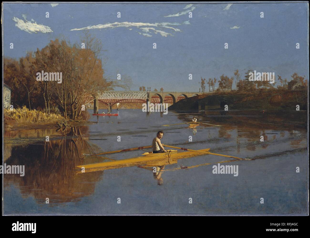 The Champion Single Sculls (Max Schmitt in a Single Scull). Artist: Thomas Eakins (American, Philadelphia, Pennsylvania 1844-1916 Philadelphia, Pennsylvania). Dimensions: 32 1/4 x 46 1/4 in. (81.9 x 117.5 cm). Date: 1871.  Returning to Philadelphia from Europe in 1870, Eakins began a series of representations of the sport of sculling, a subject for which he is uniquely identified. This is the first major work in that series of paintings and watercolors. It is believed to commemorate the victory of Max Schmitt (1843-1900), an attorney and skilled amateur rower, in an important race on the Schuy Stock Photo