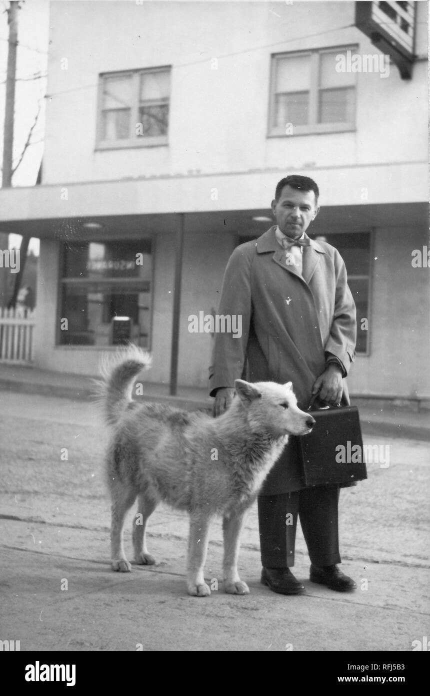 Black and white photograph of a dark-haired, middle-aged man, seen in full-length view, wearing a warm coat and a bowtie, and holding a briefcase, posing with an Alaskan Husky dog in the middle of a street, with a concrete building visible in the background, photographed during a hunting and fishing trip located in Alaska, 1955. () Stock Photo