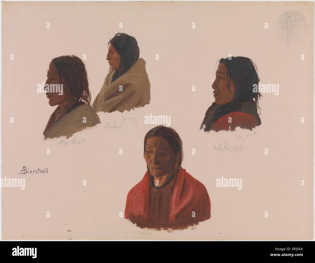 Studies of Indian Chiefs Made at Fort Laramie. Artist: Albert Bierstadt (American, Solingen 1830-1902 New York). Dimensions: 13 x 16 7/8 in. (33 x 42.9 cm). Date: ca. 1859. Bierstadt arrived at Fort Laramie, in present-day Wyoming, as a member of the expedition to the western portion of the Nebraska Territory with Colonel Frederic W. Lander in June 1859, during a time of tense relations between the Western Sioux (Teton) and the United States government. Bierstadt made vivid field sketches of the Indians he encountered there, including this powerful depiction of the heads of four chiefs. The a Stock Photo