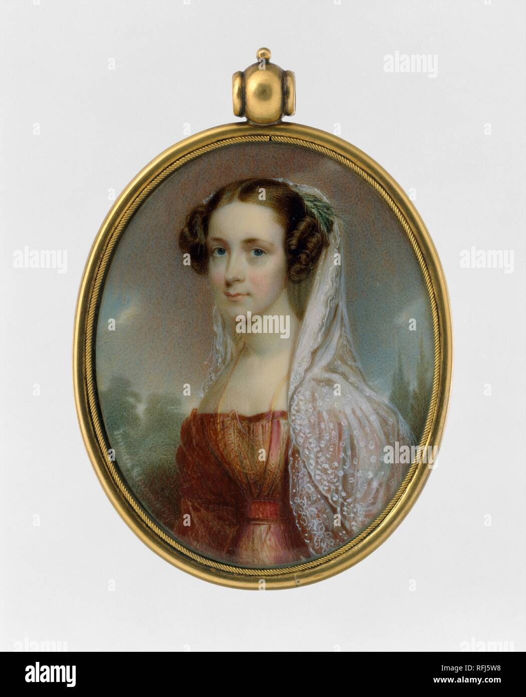 Portrait of a Lady. Artist: Henry Inman (American, Utica, New York 1801-1846 New York); Thomas Seir Cummings (American (born England), Bath 1804-1894 Hackensack, New Jersey). Dimensions: 3 x 2 in. (7.6 x 5.1 cm). Date: ca. 1827.  Inman and Cummings made miniatures together for a short time (1825-27). The works on which they collaborated are very fine and exceedingly rare, and rank among the most stunning American miniatures produced in the nineteenth century. The present work features Inman's elaborate and highly finished technique and Cummings's minute detailing. Museum: Metropolitan Museum o Stock Photo
