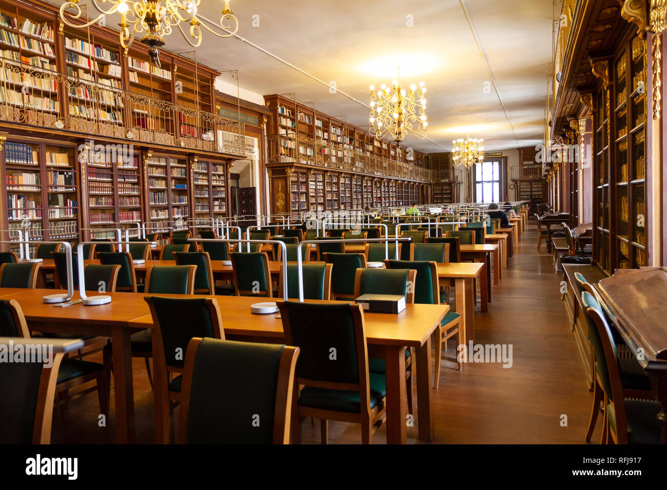 University Library Interior With Many Student Desks And Bookshelf