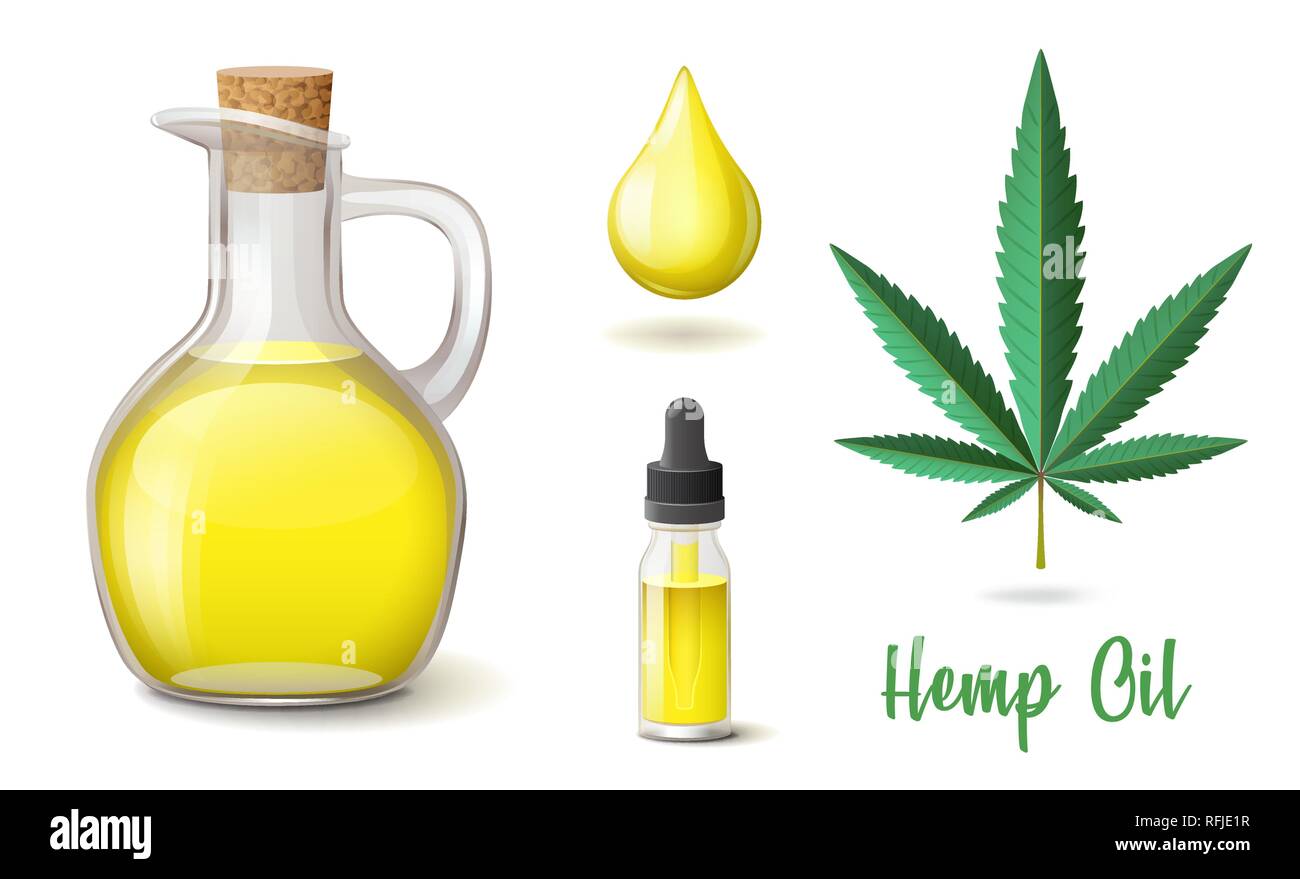 Natural hemp oil icons set, flask and glass bottle, drop, hemp, cannabis hemp leaf Stock Vector