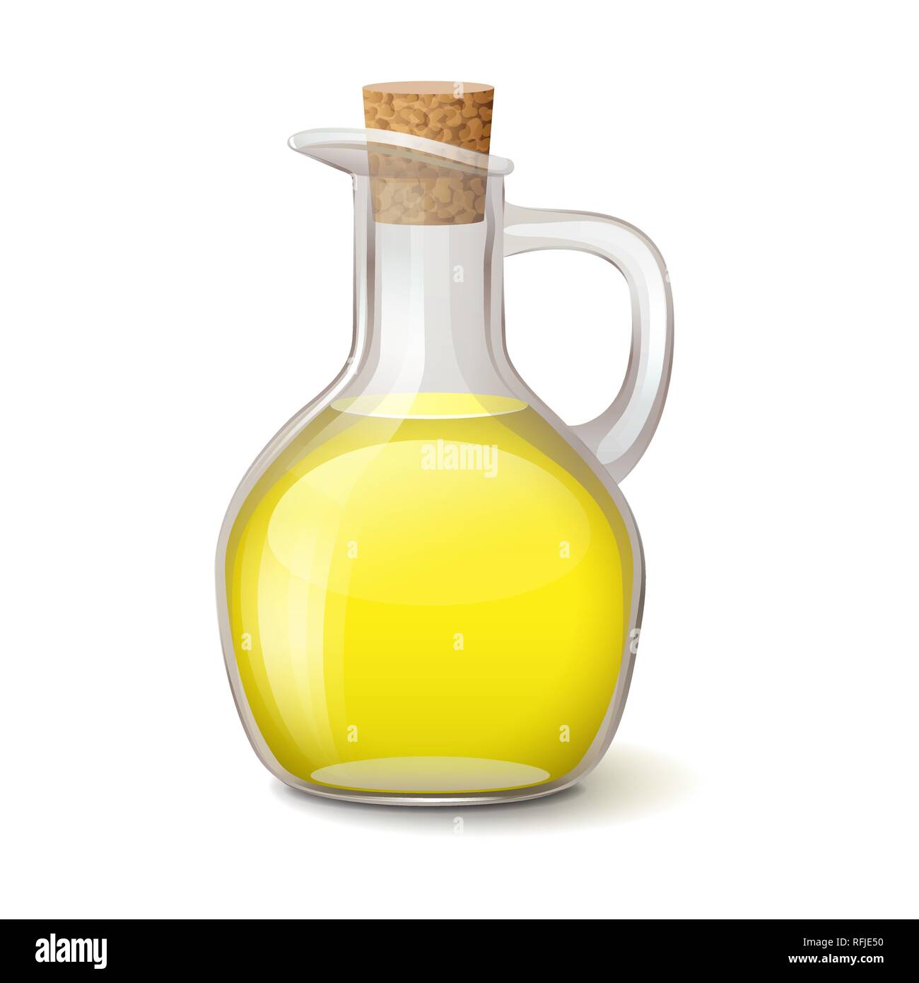 Glass bottle with bright yellow oil and wooden bung Stock Vector