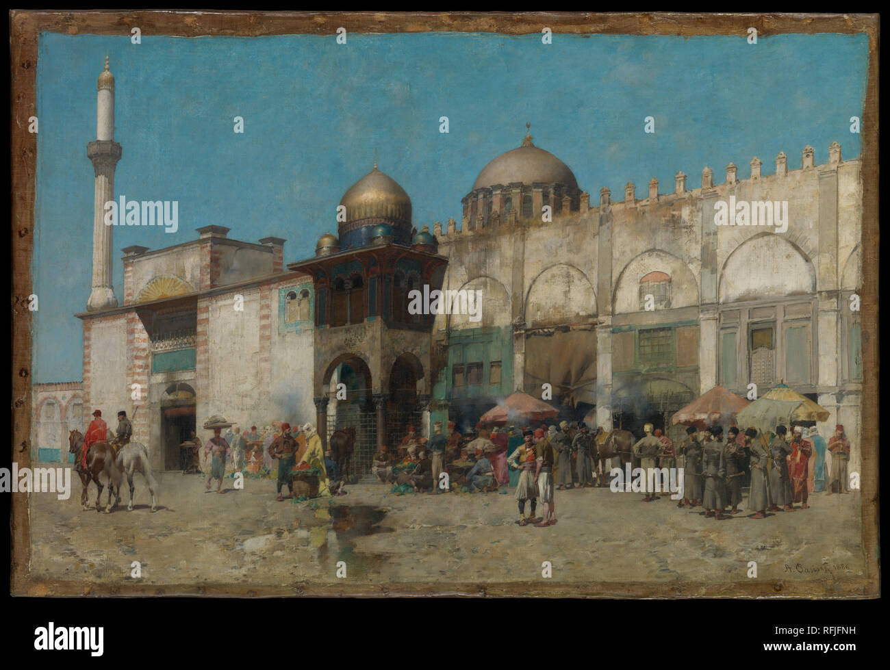 A Mosque. Artist: Alberto Pasini (Italian, Busseto 1826-1899 Cavoretto). Dimensions: 14 5/8 x 21 3/4 in. (37.1 x 55.2 cm). Date: 1886.  A mosque serves as the backdrop for this scene of village life, which features many figures outfitted in European-style military uniforms. Here, focusing on the lively mix of cultures, Pasini drew upon his extensive travels in the Middle East, which served as the source material for his paintings. His first opportunity to see this part of the world came in 1855, when he replaced his friend Théodore Chassériau as the official artist on a diplomatic mission to P Stock Photo