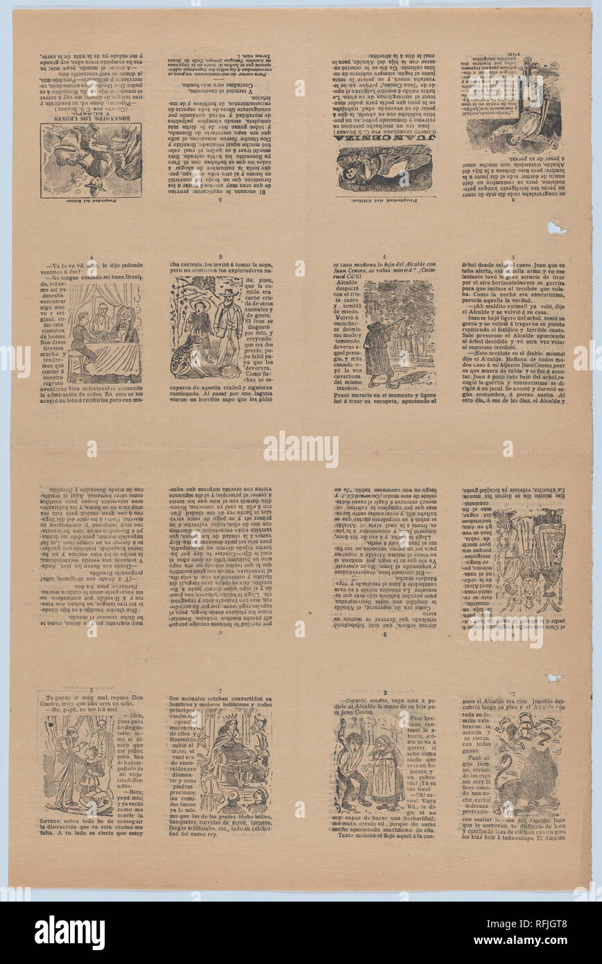 An uncut sheet printed on both sides with pages from 'Juan Ceniza' (cuento arreglado por C. S. Suarez) and 'Rosendito, los leones y el sapo' (cuento  por C. S. Suarez). Artist: José Guadalupe Posada (Mexican, 1851-1913). Dimensions: Sheet: 21 7/8 × 14 3/8 in. (55.5 × 36.5 cm). Publisher: Antonio Vanegas Arroyo (1850-1917, Mexican). Date: ca. 1900-1910. Museum: Metropolitan Museum of Art, New York, USA. Stock Photo
