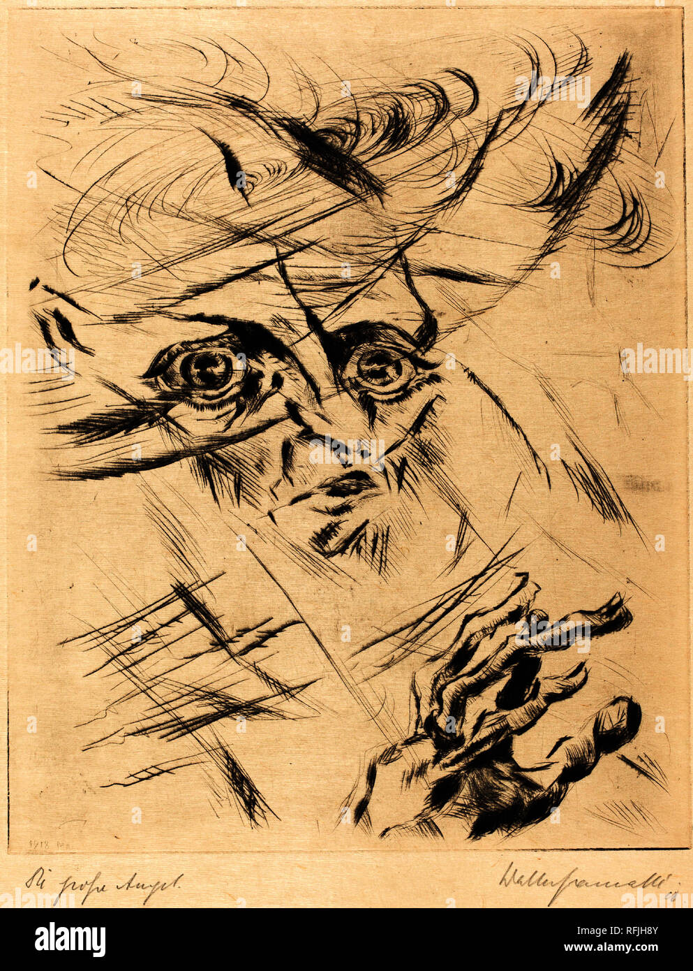 Die Grosse Angst (The Great Anxiety). Dated: 1918. Dimensions: plate: 29.9 x 24.1 cm (11 3/4 x 9 1/2 in.)  sheet: 40.1 x 30.7 cm (15 13/16 x 12 1/16 in.). Medium: drypoint in black on wove paper, similar to japan paper. Museum: National Gallery of Art, Washington DC. Author: Walter Gramatté. Stock Photo