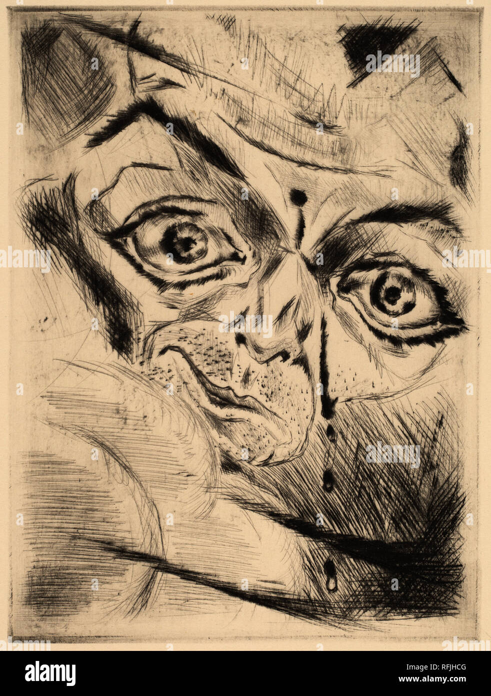 Peter with a Gunshot Wound in His Forehead. Dated: 1918. Dimensions: sheet: 38.7 × 28.2 cm (15 1/4 × 11 1/8 in.)  plate: 17.2 × 12.7 cm (6 3/4 × 5 in.). Medium: drypoint. Museum: National Gallery of Art, Washington DC. Author: Walter Gramatté. Stock Photo