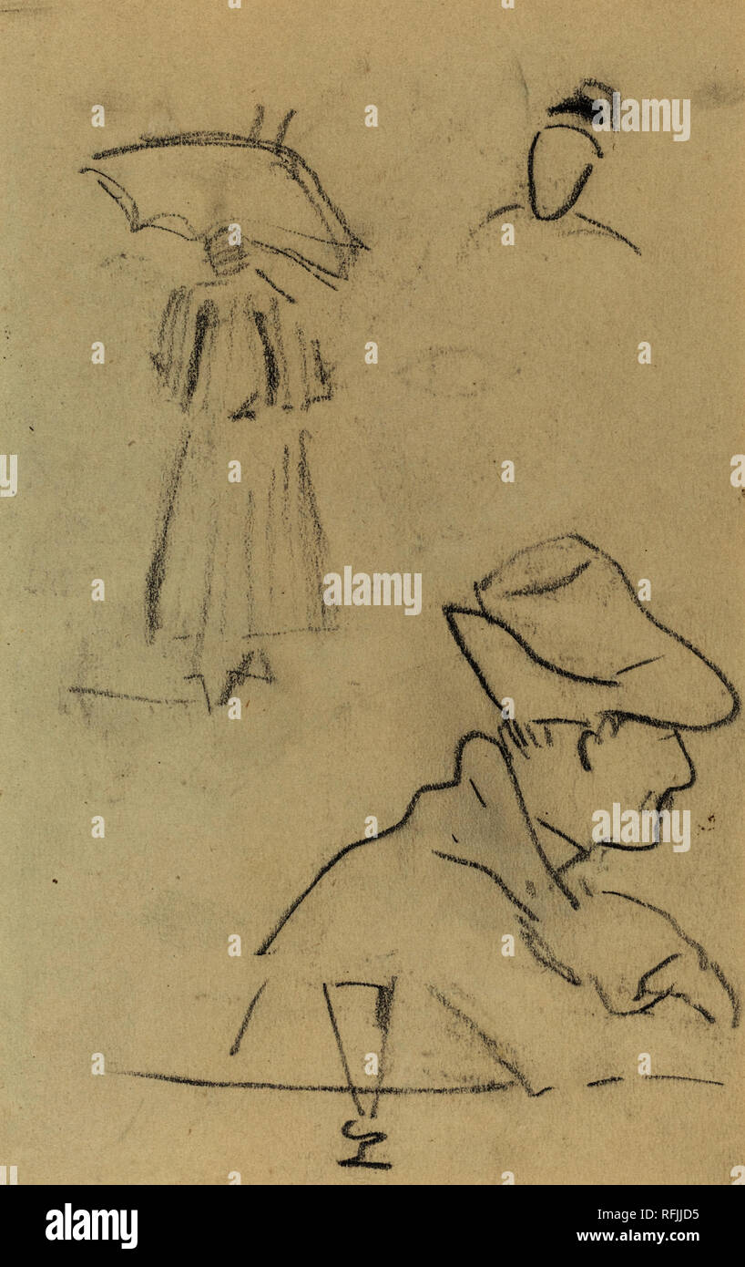 A Person Holding an Umbrella and a Seated Man with a Hat and a Glass [verso]. Dated: 1884-1888. Dimensions: overall: 16.9 x 11.7 cm (6 5/8 x 4 5/8 in.). Medium: crayon on wove paper. Museum: National Gallery of Art, Washington DC. Author: PAUL GAUGUIN. Stock Photo