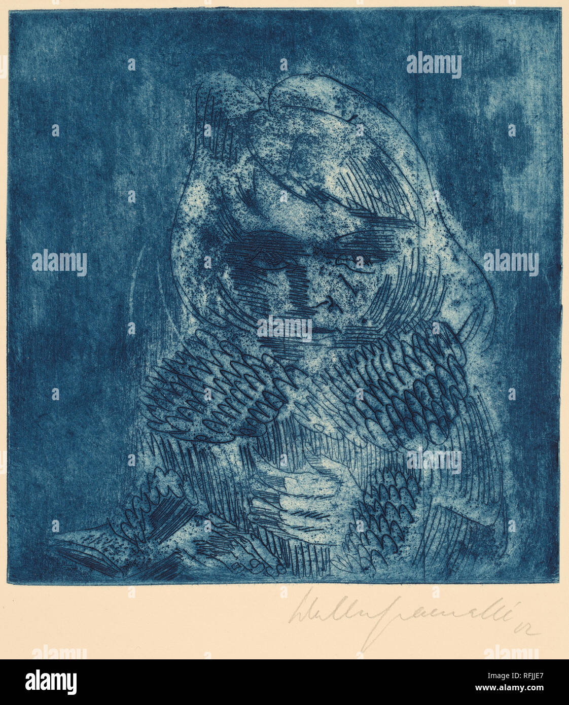 Bird Girl, Sonia Gramatté (Vogelmädchen, Sonia Gramatté). Dated: 1922 (?). Dimensions: sheet: 53.5 × 38 cm (21 1/16 × 14 15/16 in.)  plate: 22 × 21 cm (8 11/16 × 8 1/4 in.). Medium: etching and engraving, printed in blue. Museum: National Gallery of Art, Washington DC. Author: Walter Gramatté. Stock Photo