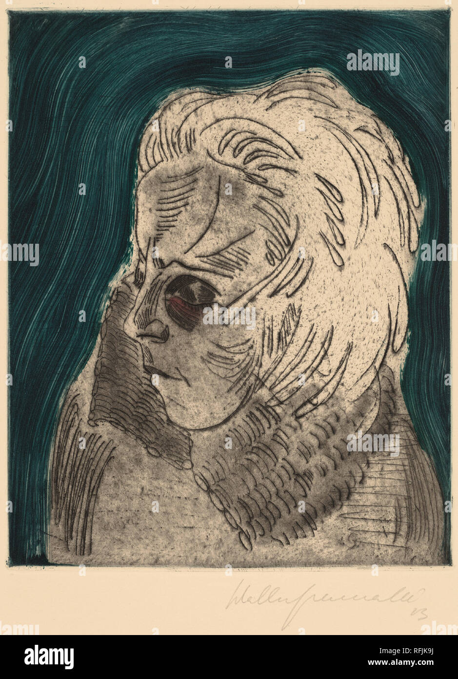 Tired Woman, Sonia Gramatté (Müder Mädchenkopf, Sonia Gramatté). Dated: 1923. Dimensions: sheet: 54 × 38 cm (21 1/4 × 14 15/16 in.)  plate: 30 × 23.5 cm (11 13/16 × 9 1/4 in.). Medium: engraving and etching, printed in black with blue-green and red wiping. Museum: National Gallery of Art, Washington DC. Author: Walter Gramatté. Stock Photo