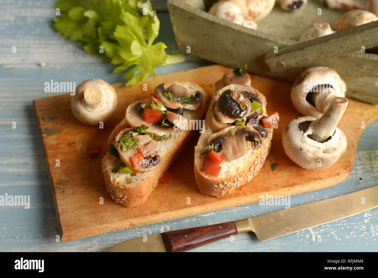 Rustic Toaste Rustic Toast bread with mushrooms and vegetables assorted - closeup ...