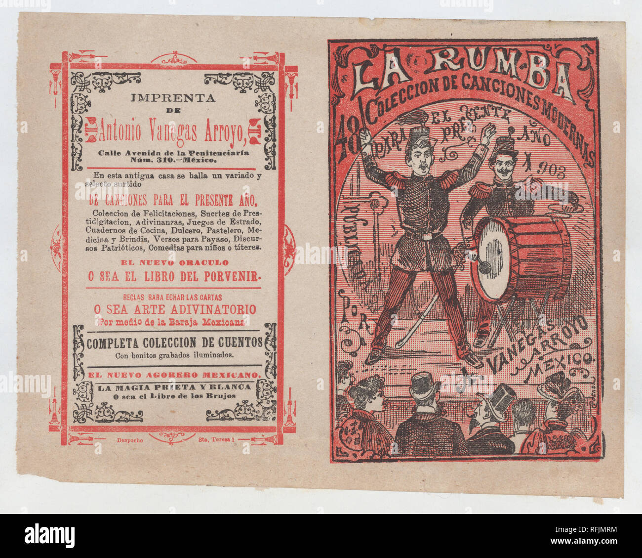 Cover for 'La Rumba: Coleccion de Canciones Modernas para el Presente Año 1903', a conductor and a drummer performing on stage for an audience. Artist: José Guadalupe Posada (Mexican, 1851-1913). Dimensions: Sheet: 5 13/16 × 7 7/8 in. (14.8 × 20 cm). Publisher: Antonio Vanegas Arroyo (1850-1917, Mexican). Date: ca. 1903. Museum: Metropolitan Museum of Art, New York, USA. Stock Photo