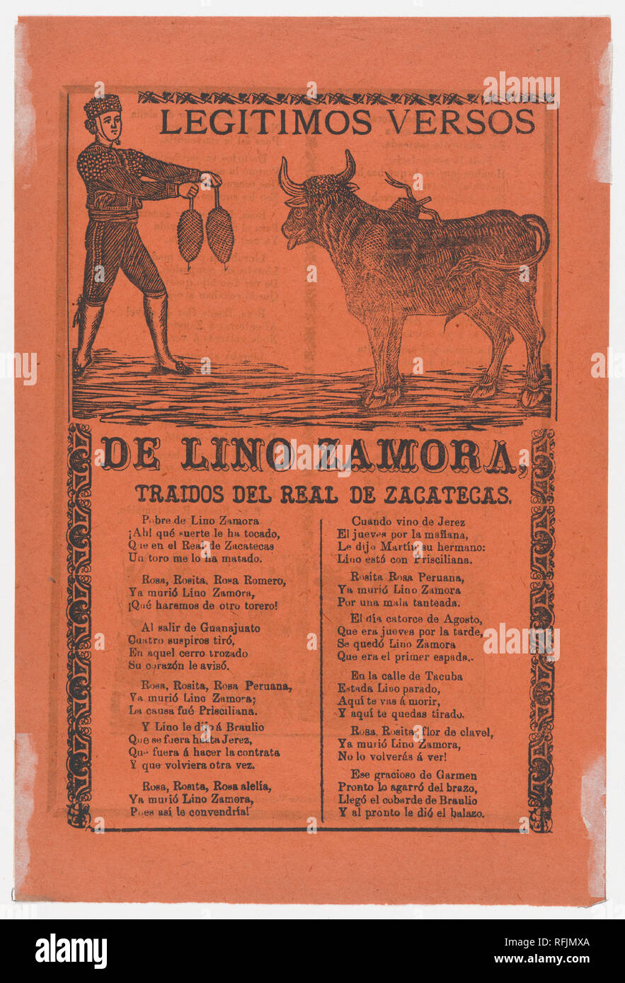 Broadside containing on recto, the legitimate verses of Lino Zamora brought from Real de Zacatecas (image of toreador and bull by Manilla) and a funeral scene on verso (?Posada). Artist: José Guadalupe Posada (Mexican, 1851-1913); Manuel Manilla (Mexican, Mexico City ca. 1830-1895 Mexico City). Dimensions: Sheet: 11 13/16 × 7 7/8 in. (30 × 20 cm). Printer: Antonio Vanegas Arroyo (1850-1917, Mexican). Date: 1902 (published). Museum: Metropolitan Museum of Art, New York, USA. Stock Photo