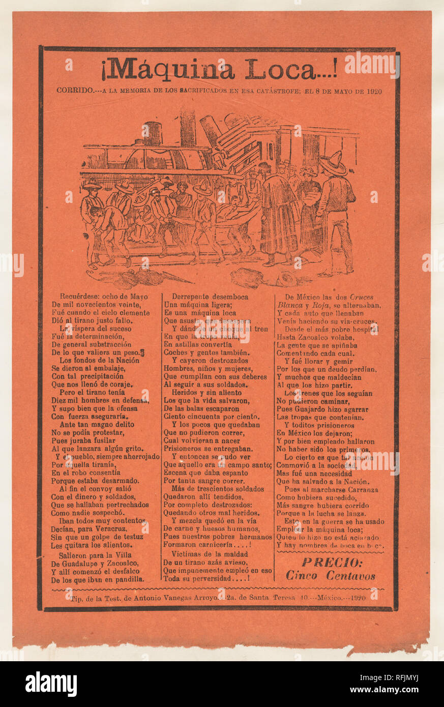 Broadsheet relating to a train accident that killed many people, wounded victims being carried on stretchers. Artist: José Guadalupe Posada (Mexican, 1851-1913). Dimensions: Sheet: 11 13/16 × 7 11/16 in. (30 × 19.5 cm). Publisher: Antonio Vanegas Arroyo (1850-1917, Mexican). Date: 1920 (published). Museum: Metropolitan Museum of Art, New York, USA. Stock Photo