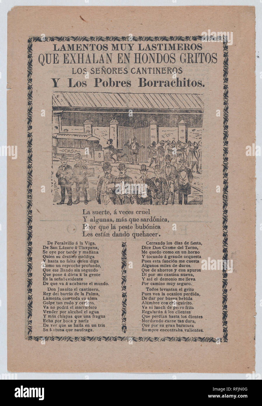 Broadsheet relating to men who frequent bars, different groups of men walking in the streets and one man running after a trolley car. Artist: José Guadalupe Posada (Mexican, 1851-1913). Dimensions: Sheet: 11 13/16 × 7 7/8 in. (30 × 20 cm). Publisher: Antonio Vanegas Arroyo (1850-1917, Mexican). Date: ca. 1903. Museum: Metropolitan Museum of Art, New York, USA. Stock Photo