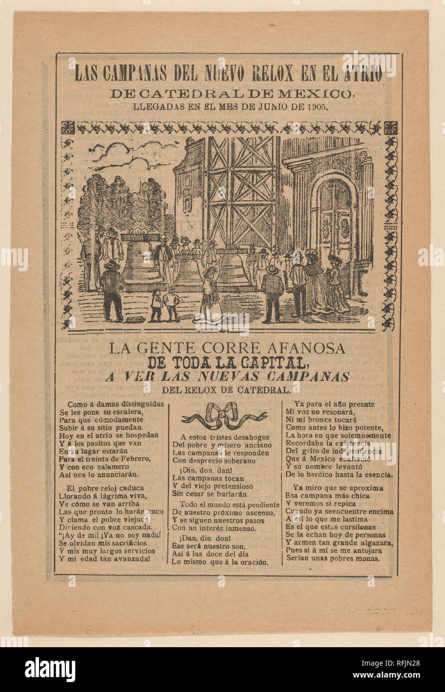 Broadsheet relating to the new clock installed in the cathedral in Mexico City in June 1905. Artist: José Guadalupe Posada (Mexican, 1851-1913). Dimensions: Sheet: 11 5/8 × 7 7/8 in. (29.5 × 20 cm). Publisher: Antonio Vanegas Arroyo (1850-1917, Mexican). Date: 1905. Museum: Metropolitan Museum of Art, New York, USA. Stock Photo