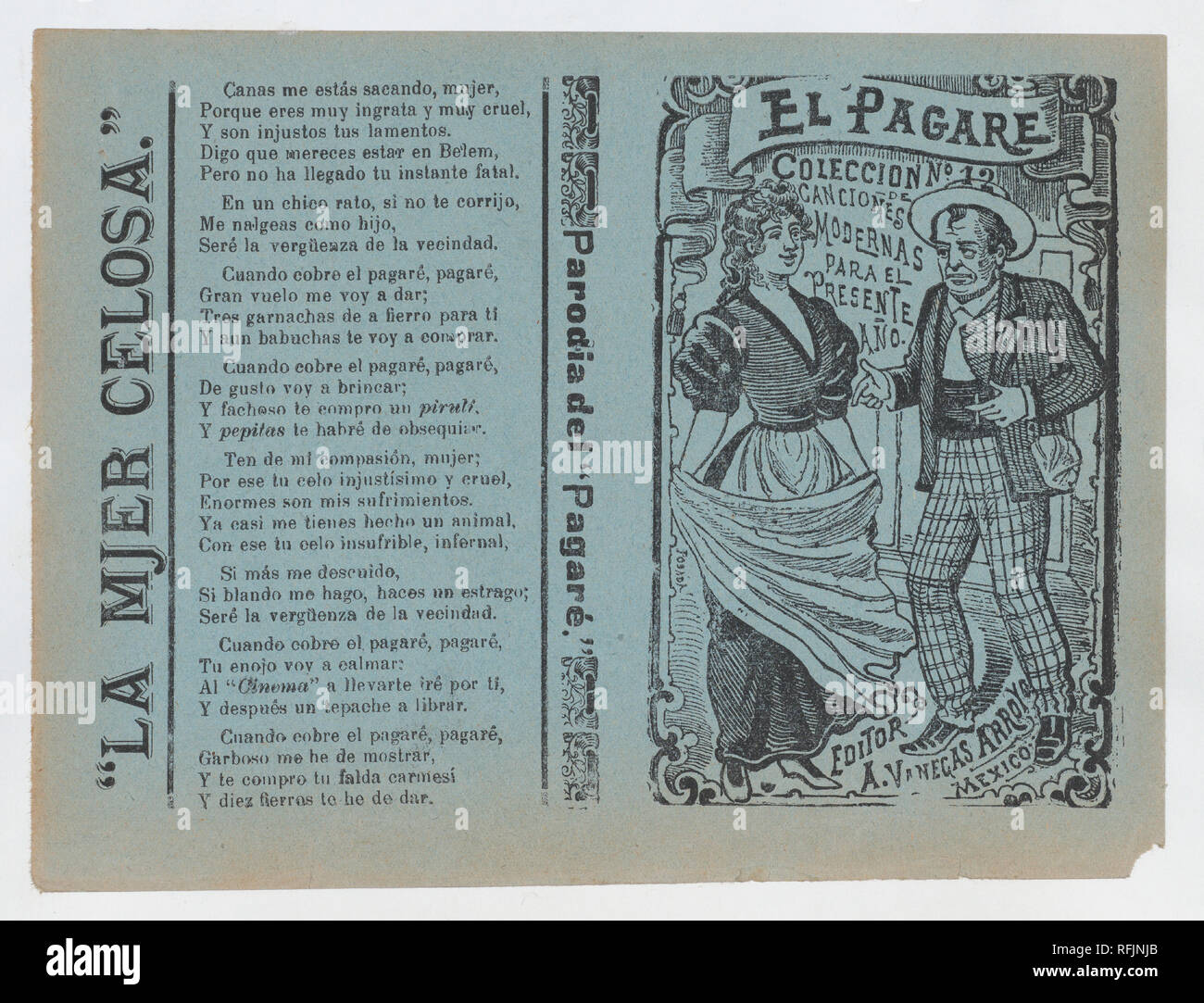 Cover for 'El Pagare', a man holding a cigarette and gesturing to a woman holding a shawl. Artist: José Guadalupe Posada (Mexican, 1851-1913). Dimensions: Sheet: 5 13/16 × 7 7/8 in. (14.8 × 20 cm). Publisher: Antonio Vanegas Arroyo (1850-1917, Mexican). Date: ca. 1890-1910. Museum: Metropolitan Museum of Art, New York, USA. Stock Photo