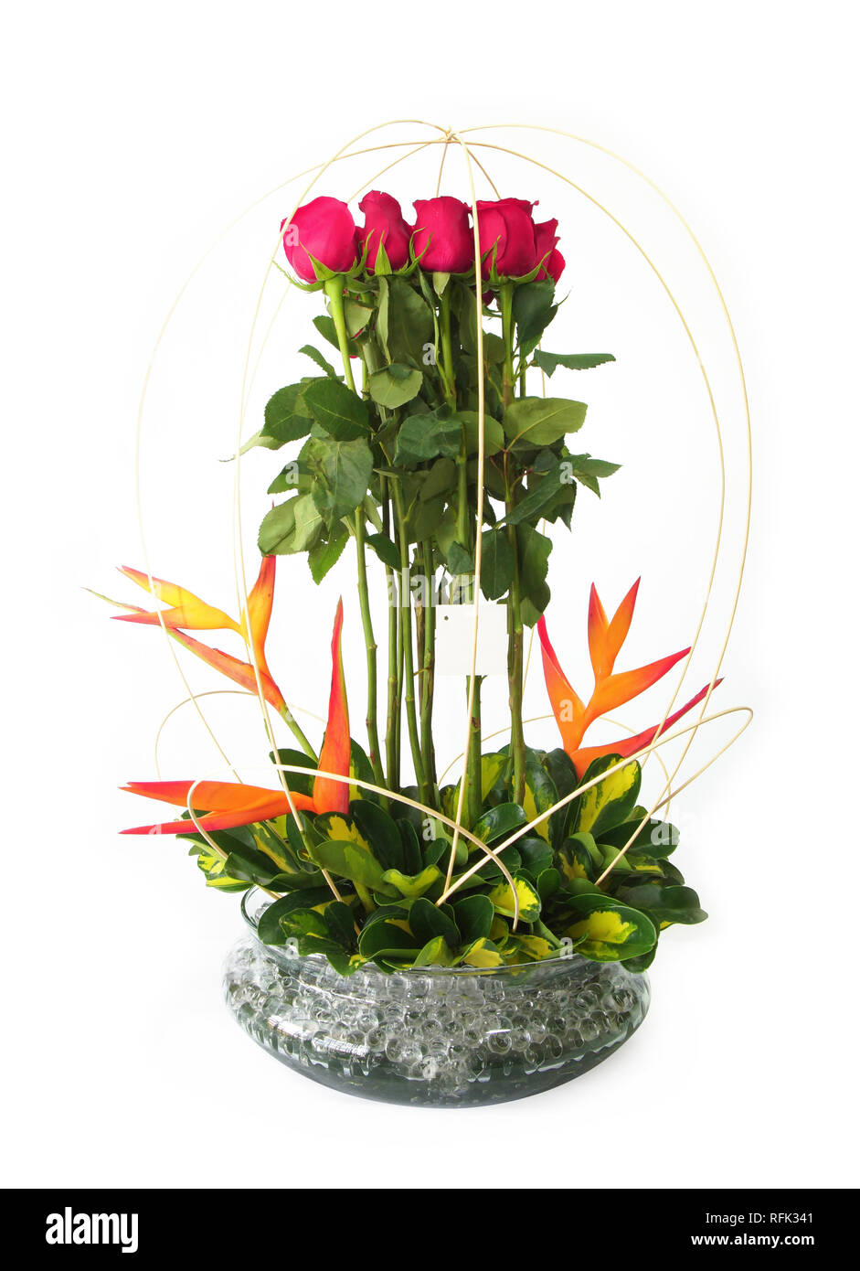 Floral gift arrangement made with red roses with long stems inside a