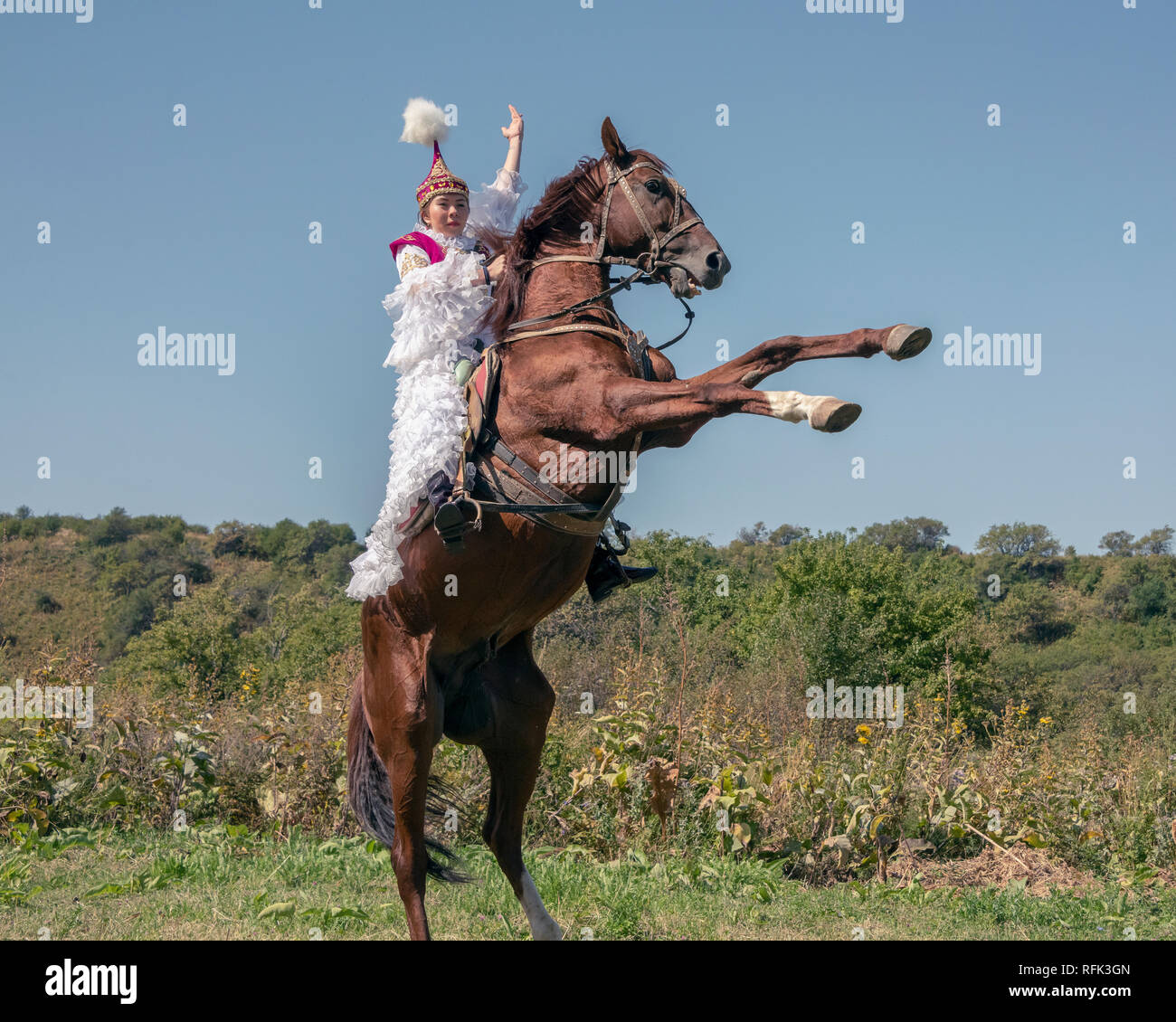 Kazakh woman in traditional attire mounted on a rearing horse, Almaty, Kazakhstan Stock Photo