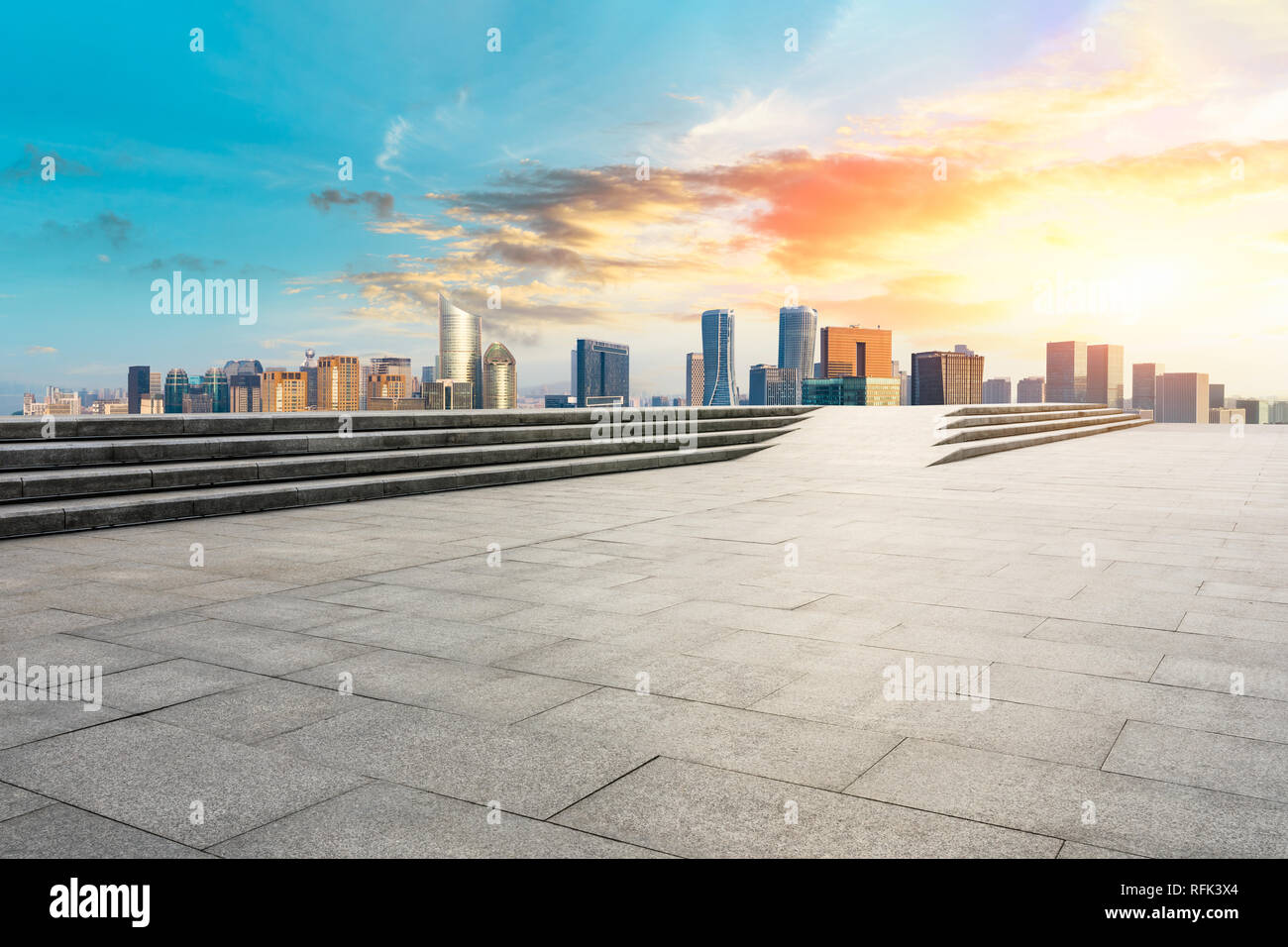 Modern City Skyline And Buildings With Empty Square Floor High Angle View Stock Photo Alamy