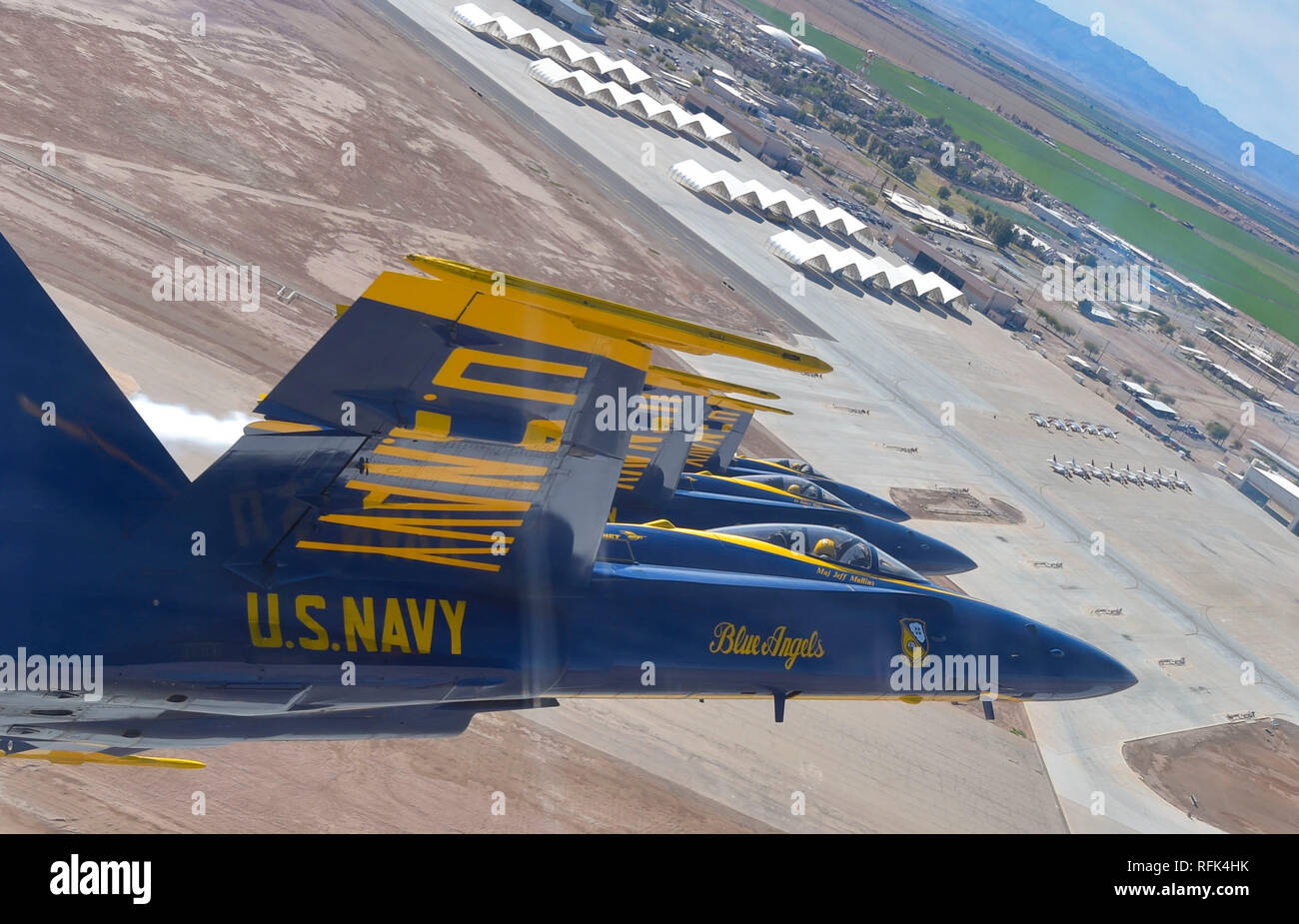 190124-N-OY339-1296 EL CENTRO, Calif. (Jan. 24, 2019) — Pilots assigned to the U.S. Navy Flight Demonstration Squadron, the Blue Angels, perform the left echelon parade maneuver during a winter training flight over Naval Air Facility (NAF) El Centro. The team is scheduled to conduct 61 flight demonstrations at 32 locations across the country to showcase the pride and professionalism of the U.S. Navy and Marine Corps to the American public in 2019. (U.S. Navy photo by Mass Communication Specialist 2nd Class Christopher Gordon) Stock Photo